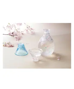 Handcrafted Mount Fuji sakura sake glass with carafe